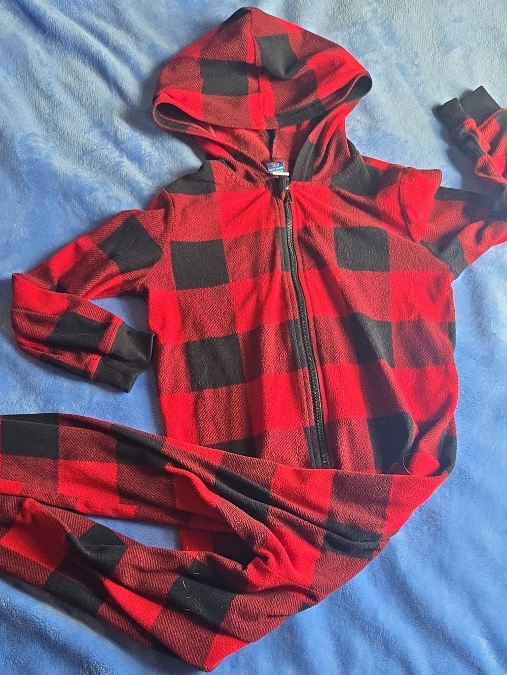 Sz S (6/7) Old Navy Unisex Red and Black Buffalo Plaid Hooded Zip Onesie Pajamas